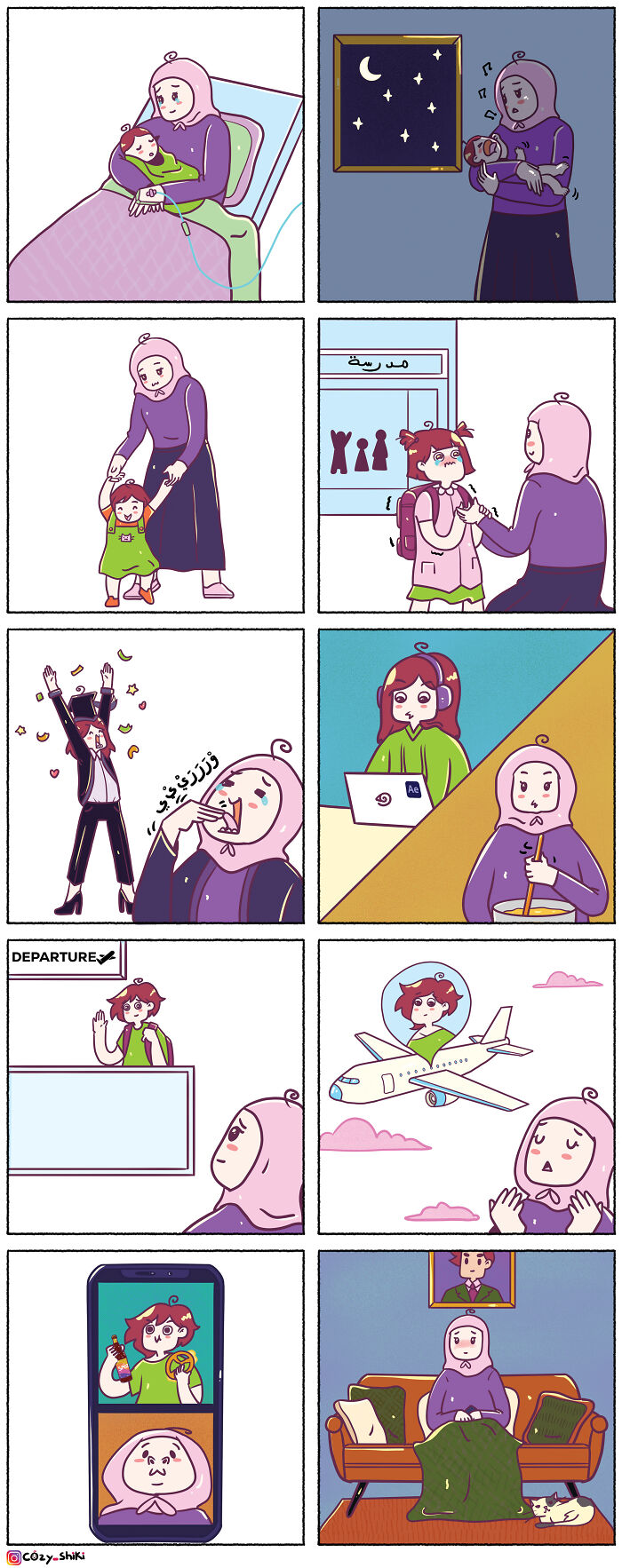 Comic strip by an artist showing hilariously relatable moments from everyday life, featuring family and travel scenes.