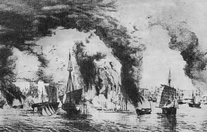 Ships on fire, depicting an overlooked historical event with smoke billowing in the background.