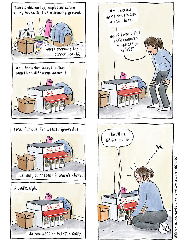 Comic by Becky Barnicoat illustrating everyday life challenges with a cluttered corner featuring a mini café setup.