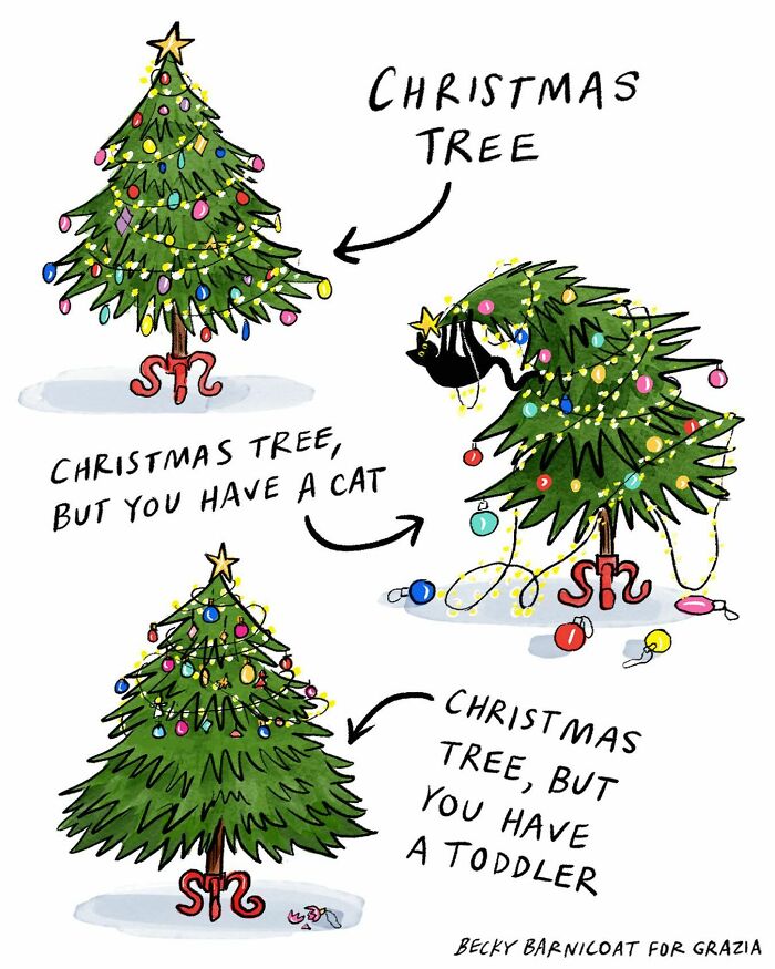 Relatable comic by Becky Barnicoat showing challenges of a Christmas tree with a cat and a toddler.