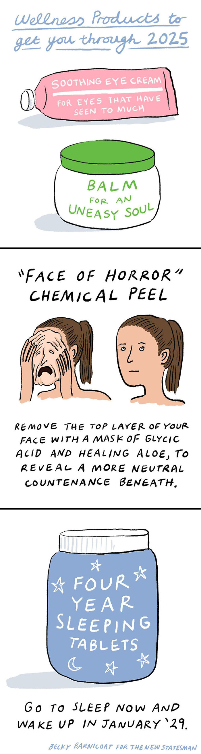 Relatable comics by Becky Barnicoat depicting humorous wellness products for 2025.