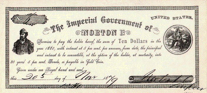 "Banknote from the 1800s by Norton I, illustrating overlooked historical events."