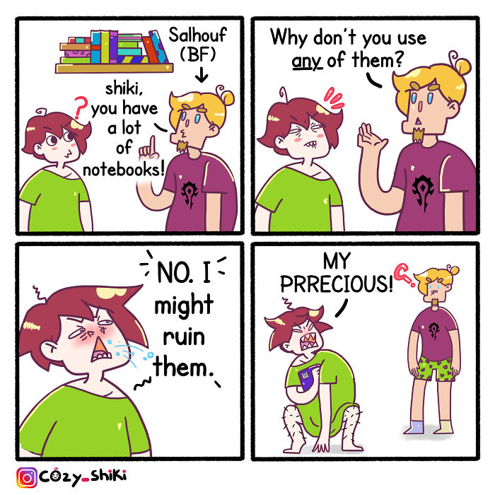 Comic strip depicting a comical everyday life moment about unused notebooks and a "my precious" reaction.