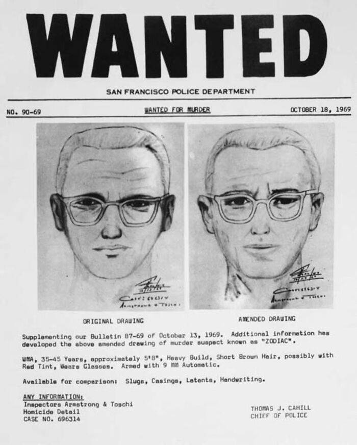 "Wanted poster featuring sketches related to weird unsolved mysteries, issued by San Francisco Police Department."