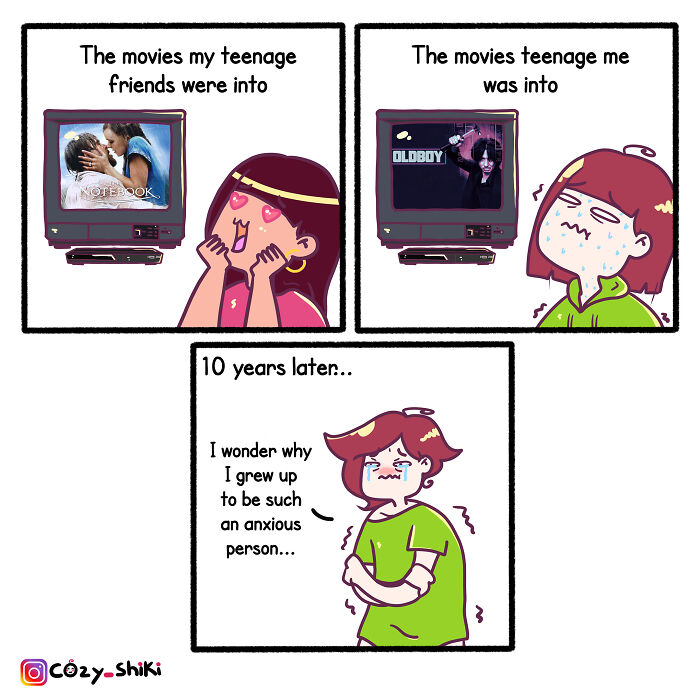 Artist's comic showing contrasting teenage movie preferences and adult anxiety, humorously relatable.