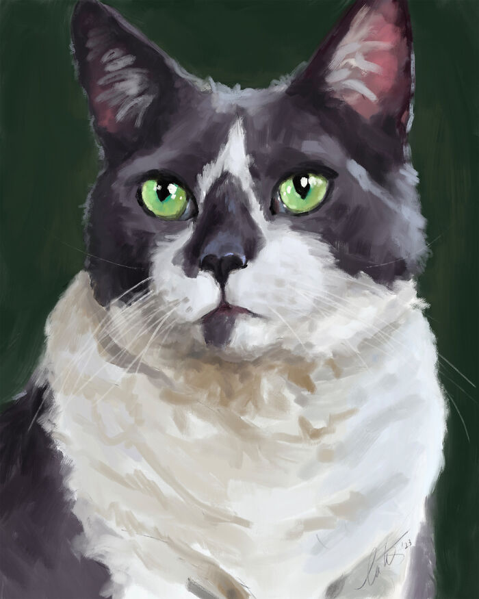 Digital painting of a cat with green eyes, against a dark green background.