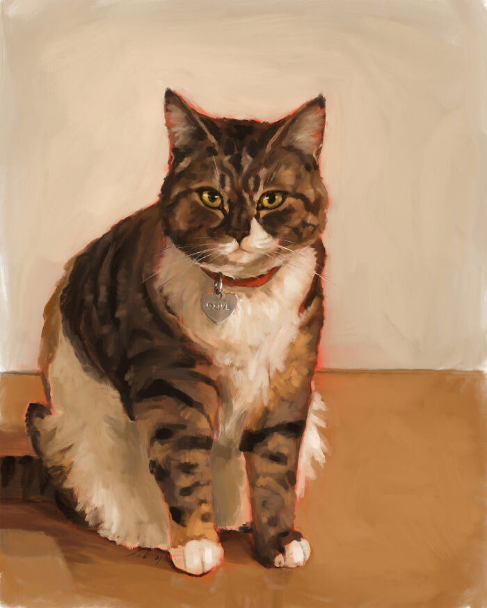 Digital painting of a tabby cat with a name tag, displaying realistic fur texture and warm tones.