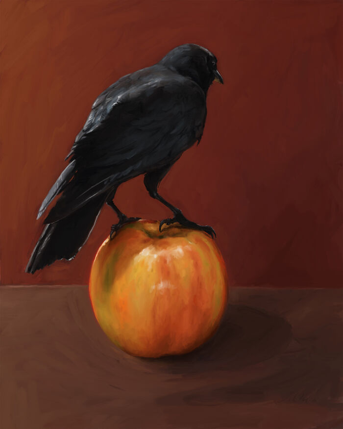 Digital painting of a crow perched on an apple, set against a brown background.