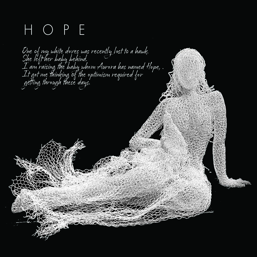 Chicken wire sculpture of a reclining figure titled "Hope" with an inspirational message.