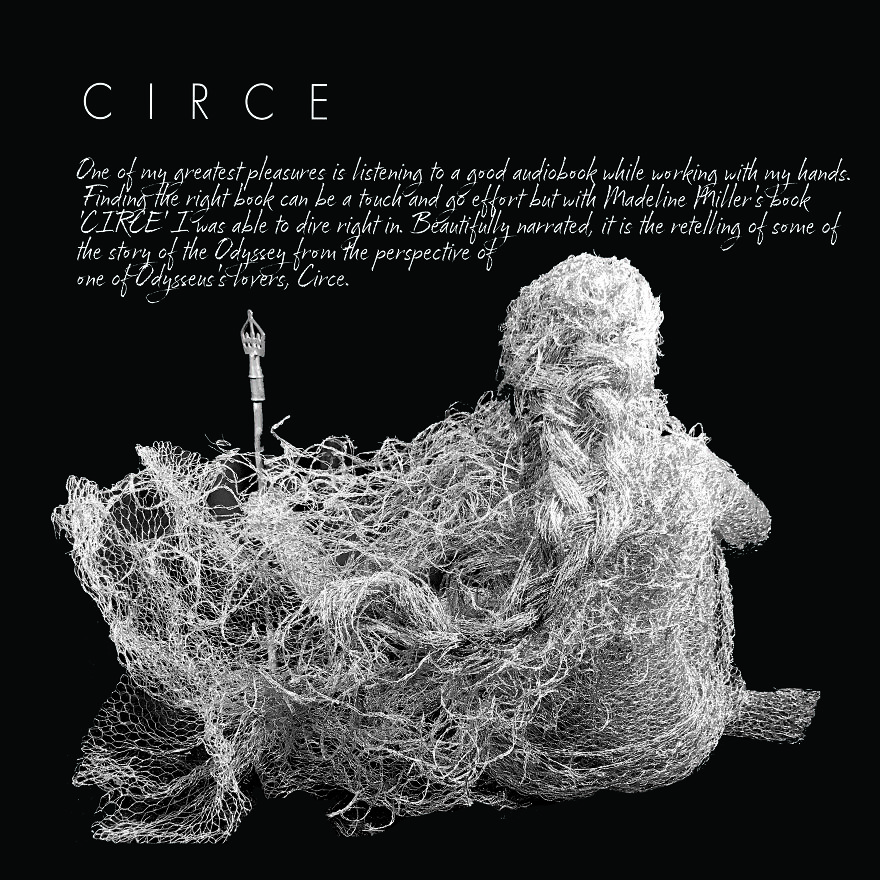 Sculpture made from chicken wire, resembling a seated figure with text about Circe's story from the Odyssey.
