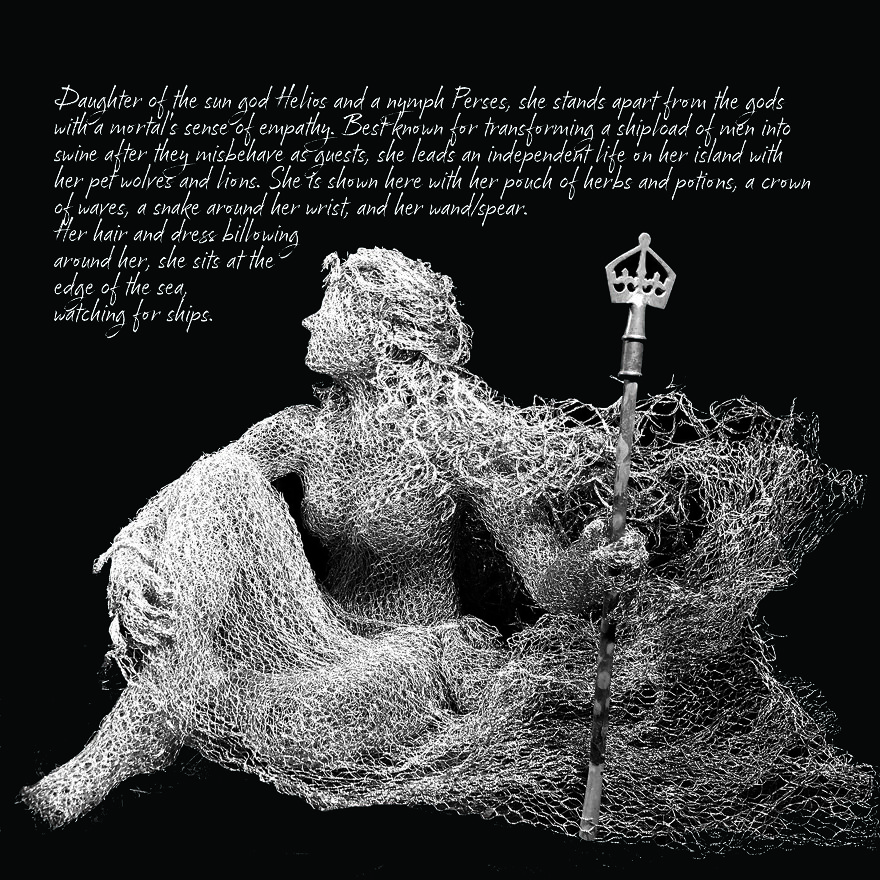 Chicken wire sculpture depicting a seated figure with a staff, text describing mythological background in the background.