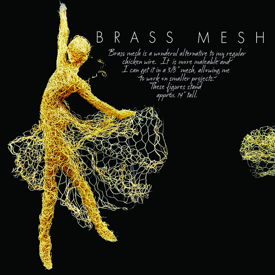 Chicken wire sculpture of a dancing figure in brass mesh, approximately 14 inches tall, against a black background.