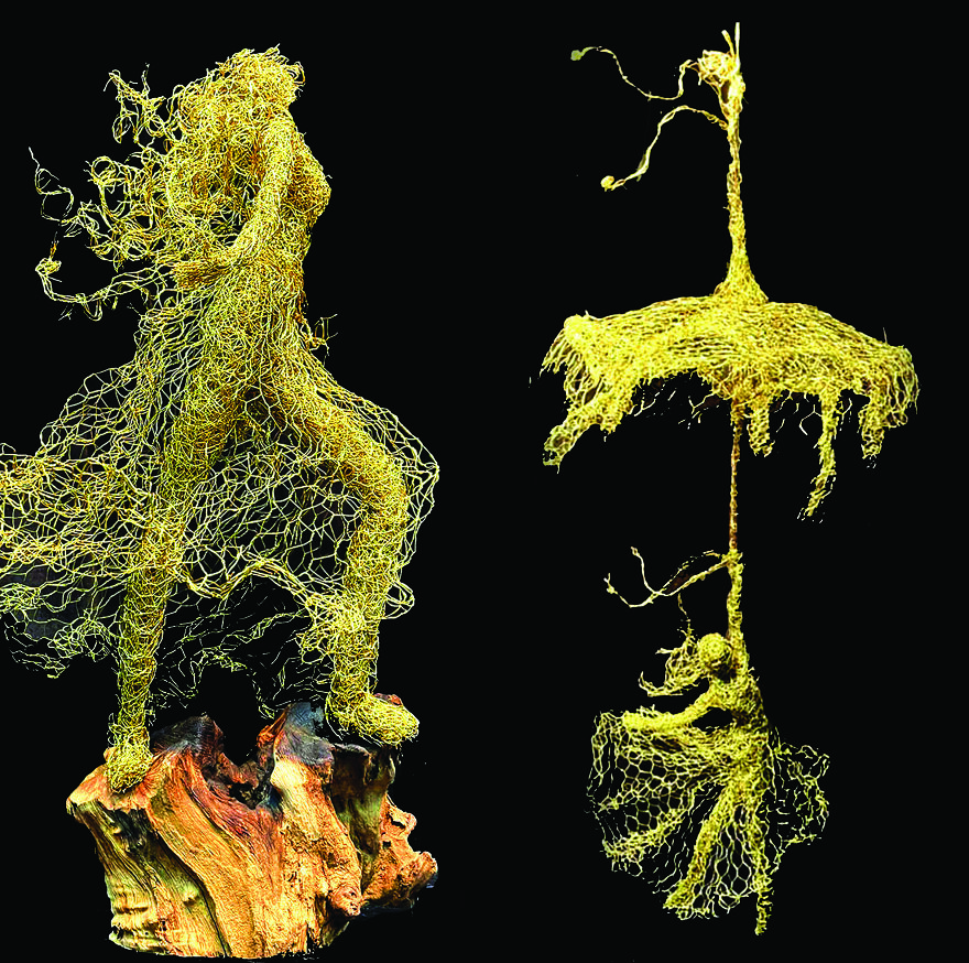 Chicken wire sculptures featuring a dynamic figure and an abstract hanging piece, set against a black background.