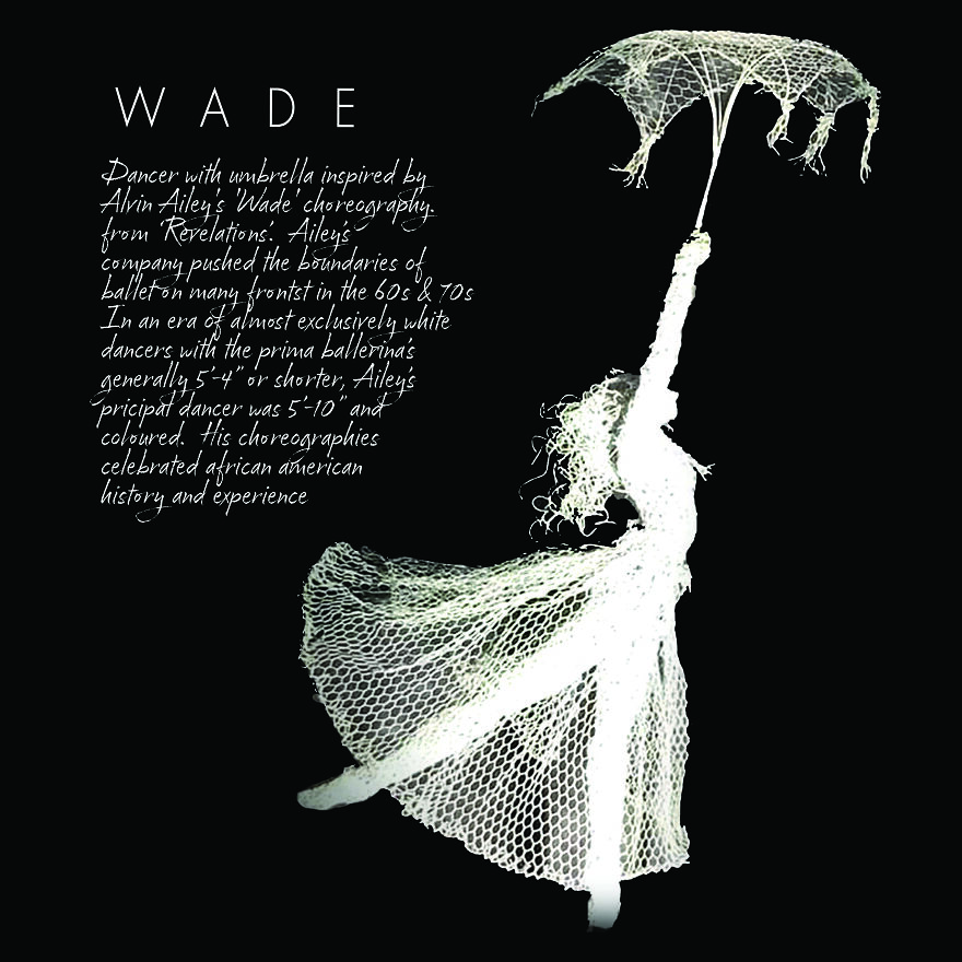 Chicken wire sculpture of a dancer with an umbrella, inspired by Alvin Ailey's choreography.