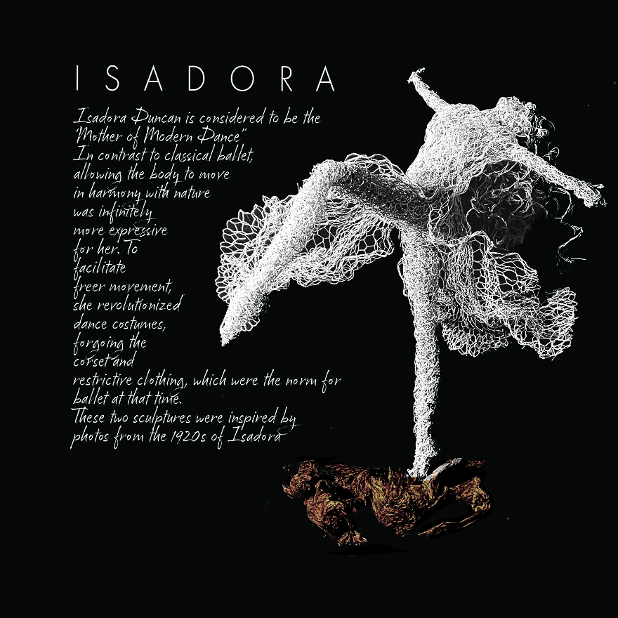 Chicken wire sculpture of a dancer, inspired by Isadora Duncan, showcasing intricate design and movement.