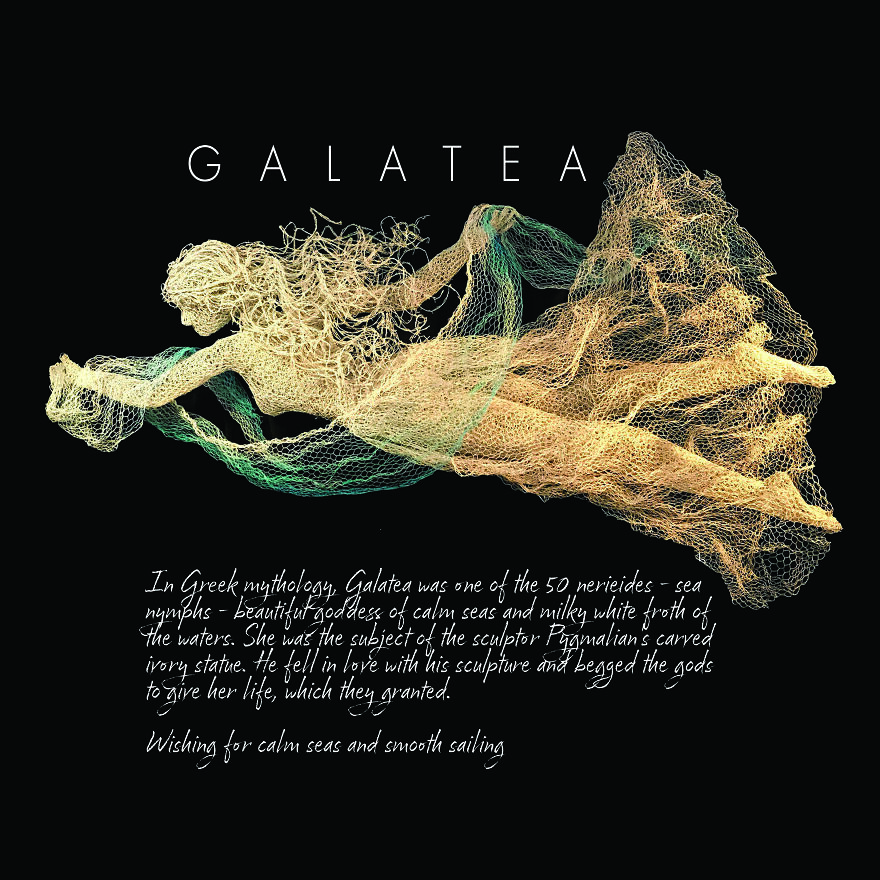 Chicken wire sculpture of Galatea, depicting a mythical sea nymph, intricately crafted and suspended in motion.