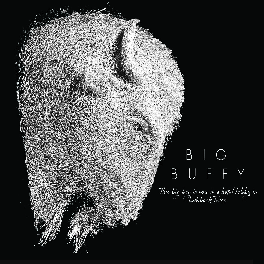Chicken wire sculpture of a bison head titled "Big Buffy" against a black background.