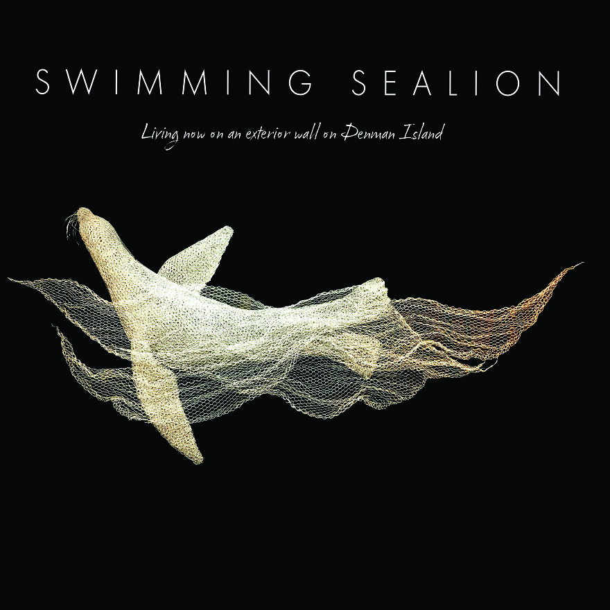 Sculpture of a swimming sea lion crafted from chicken wire, displayed on a black background.