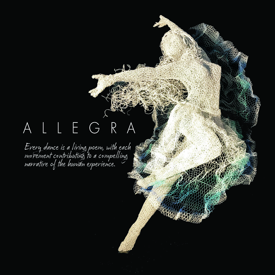 Chicken wire sculpture of a dancer titled "Allegra," capturing dynamic motion and ethereal beauty against a dark background.
