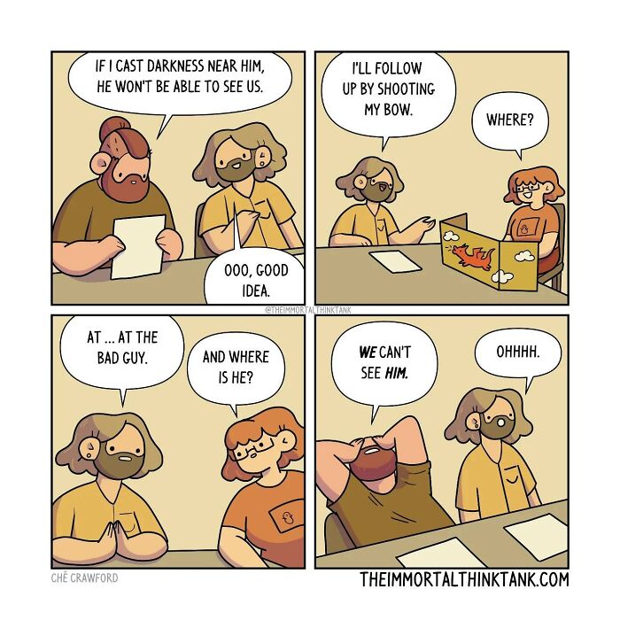 Comic panels showing characters discussing fantasy gaming tactics blending with parenting themes in a casual setting.