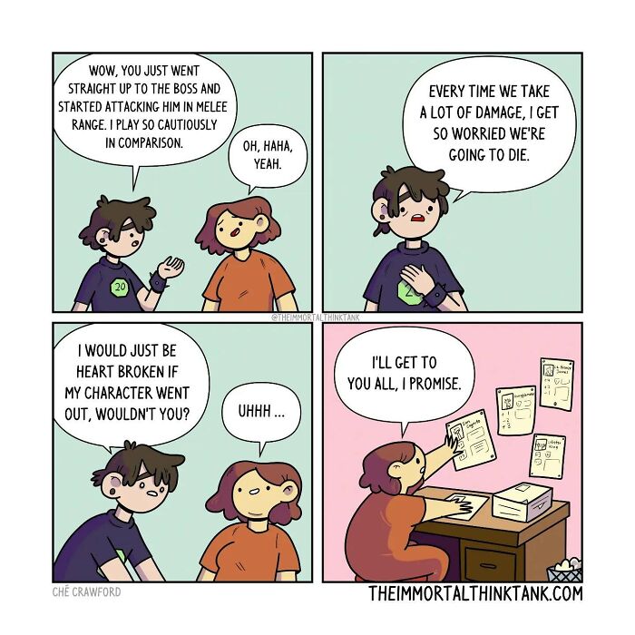 Comic strip showing characters discussing fantasy gaming challenges and emotional attachment to game characters.