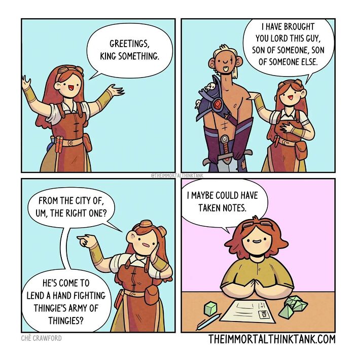 Comic panels showing parenting and fantasy gaming themes with a character introducing a warrior to a king figure.