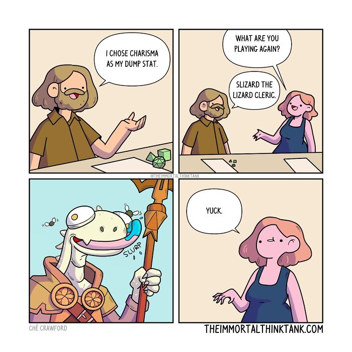 Comic panels showing parenting and fantasy gaming with characters discussing a lizard cleric and charisma as a dump stat.