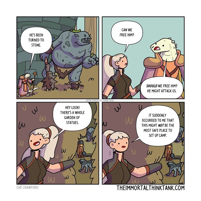 Fantasy gaming comic panels depicting characters debating freeing a petrified creature surrounded by stone statues.