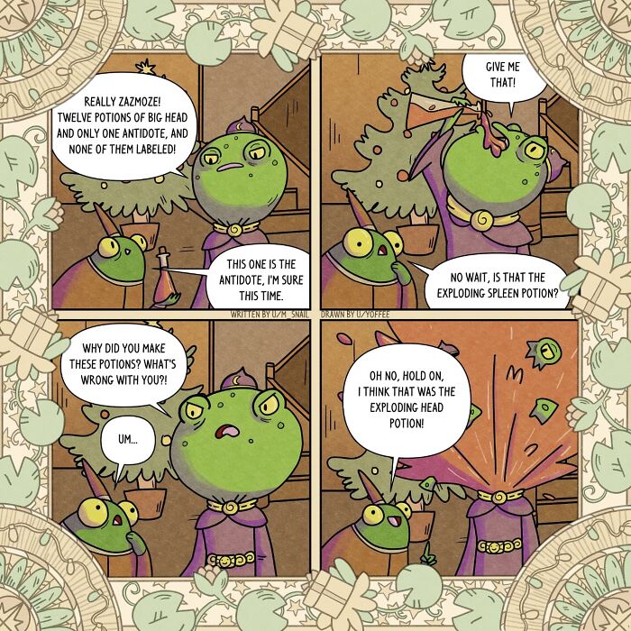 Fantasy gaming comic panels featuring humorous scenes with potion mishaps and fantastical characters, blending parenting themes.