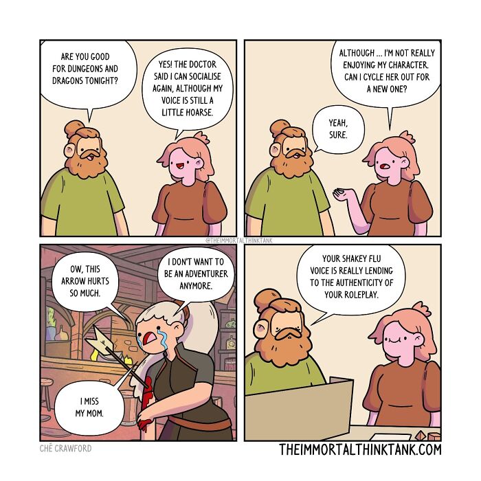 Comic panels showing parenting and fantasy gaming moments, featuring characters discussing roleplay and game challenges.
