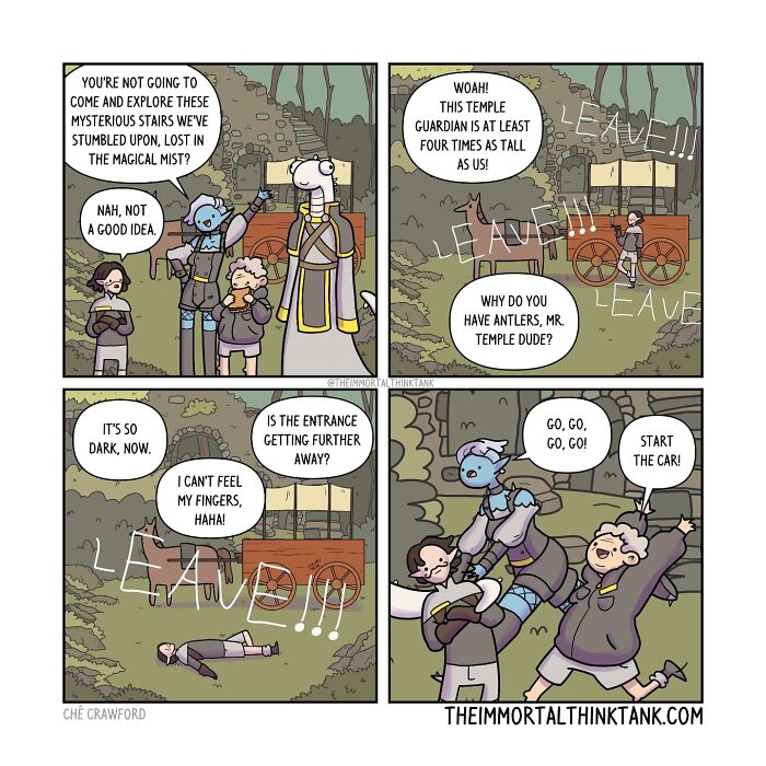 Fantasy gaming characters explore a mysterious temple while balancing parenting humor in a comic by this artist.