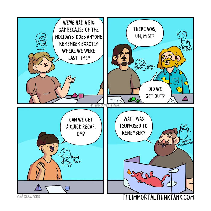 Comic panels showing a group of players discussing a fantasy gaming session, blending parenting and fantasy gaming humor.