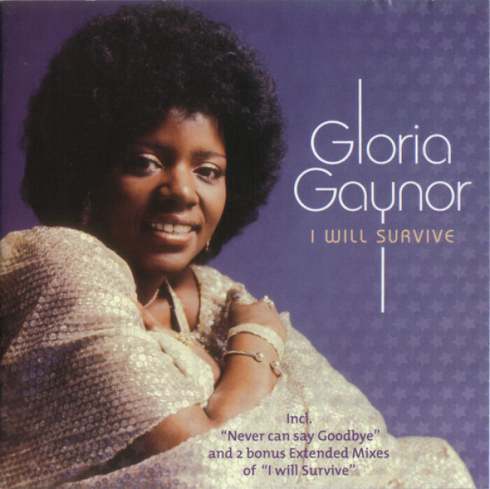 Album cover of "I Will Survive" by Gloria Gaynor, iconic '70s song.