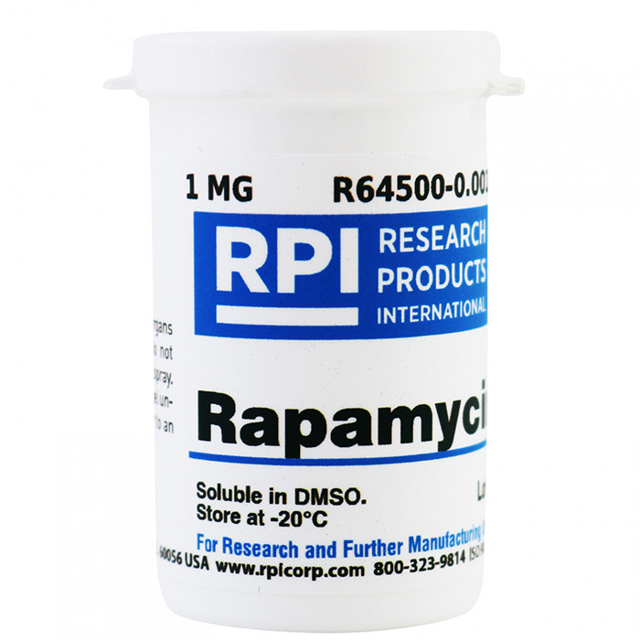 Container of Rapamycin, a longevity medication, from Research Products International.