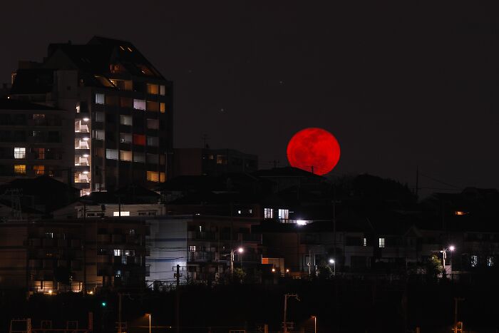 Red moon rising over urban skyline at night, showcasing a stunning natural phenomenon.