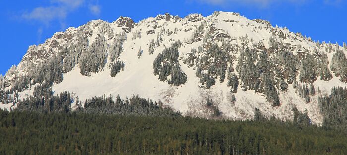 Snow-covered mountain surrounded by forest, a scene evoking weird unsolved mysteries under a clear blue sky.