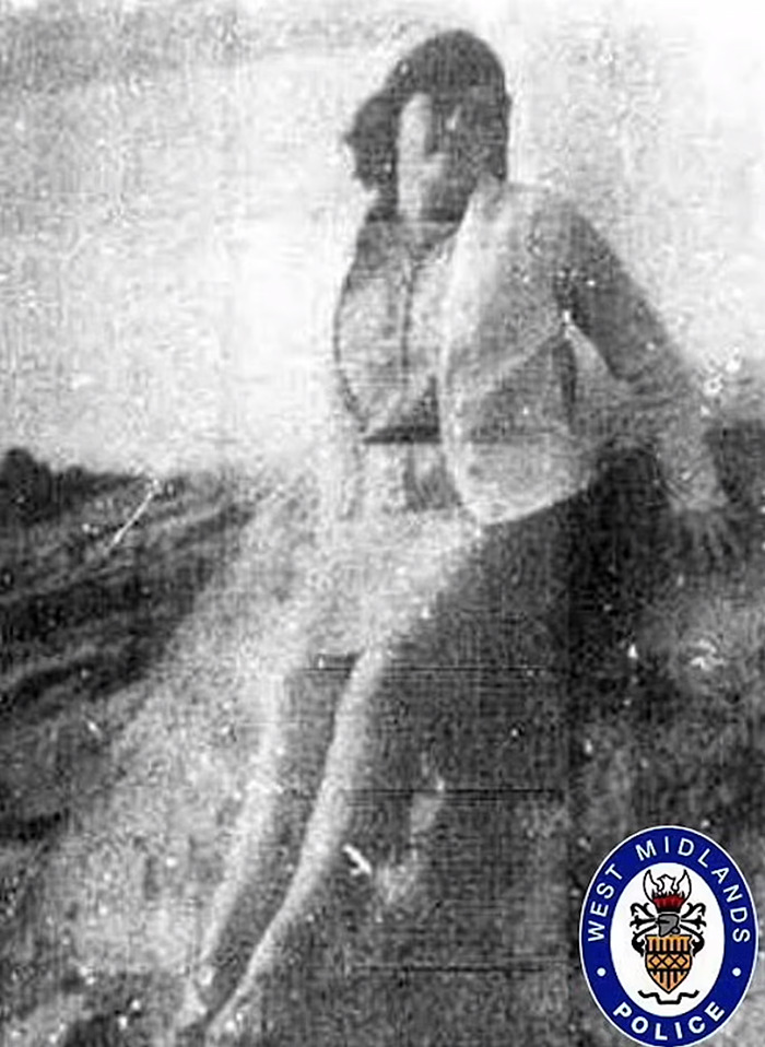 Missing woman found after 52 years, vintage photo with West Midlands Police badge.
