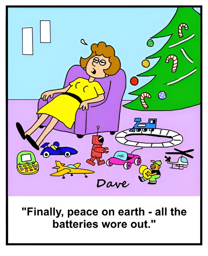 Humorous comic of a woman asleep in a chair, surrounded by toys, with a Christmas tree in the background.