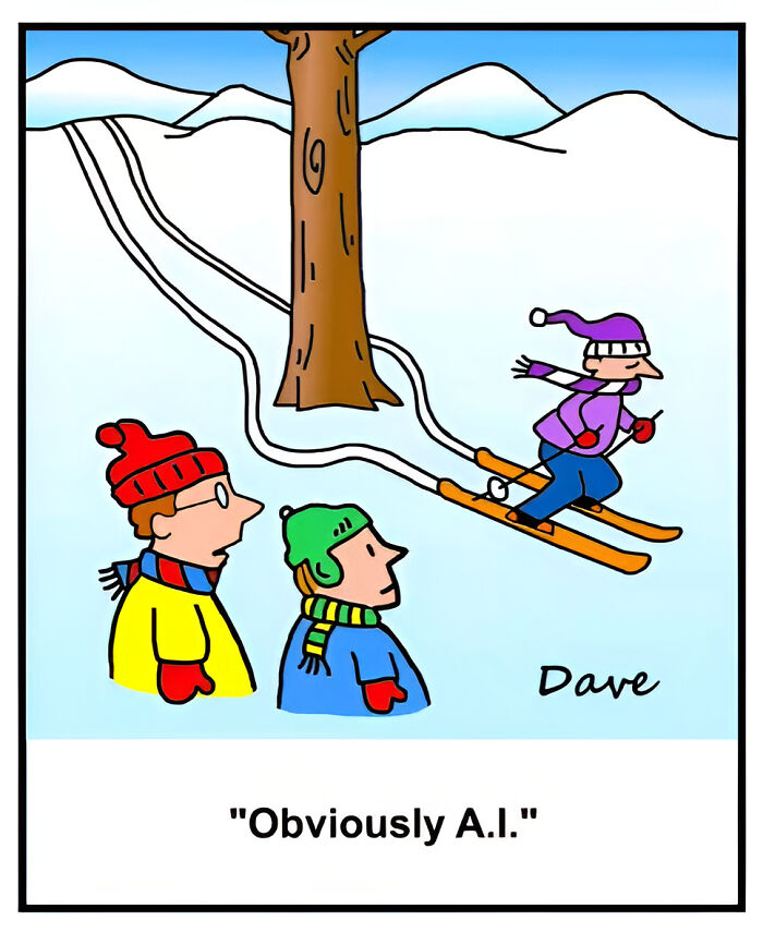 Humorous one-panel comic of a skier improbably skiing around a tree with the caption "Obviously A.I."