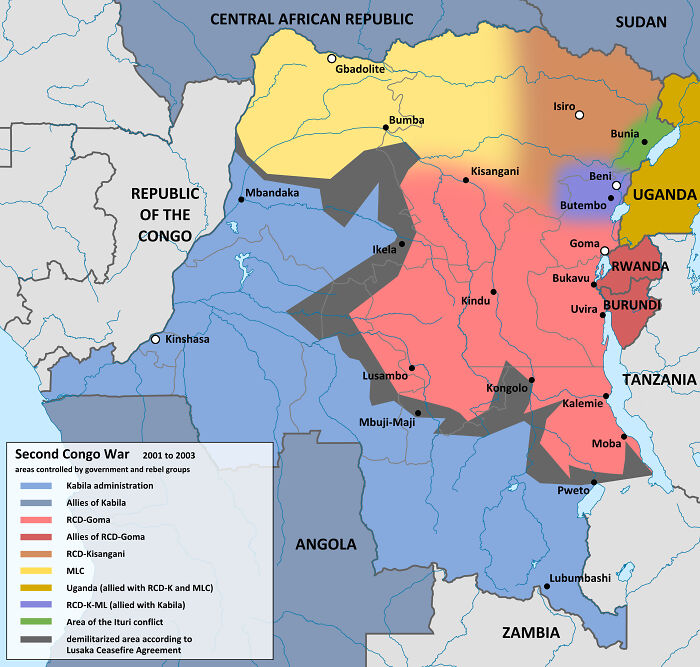 Map depicting control areas during the Second Congo War, an overlooked historical event, showing various regional factions.