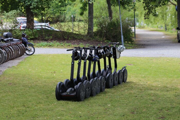 Segways lined up on grass in a park setting, with trees and a pathway in the background.