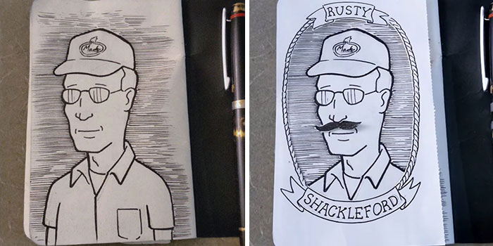 Ed Harrington creates humorous drawings of classic characters; one with sunglasses and another with a mustache as "Rusty Shackleford."