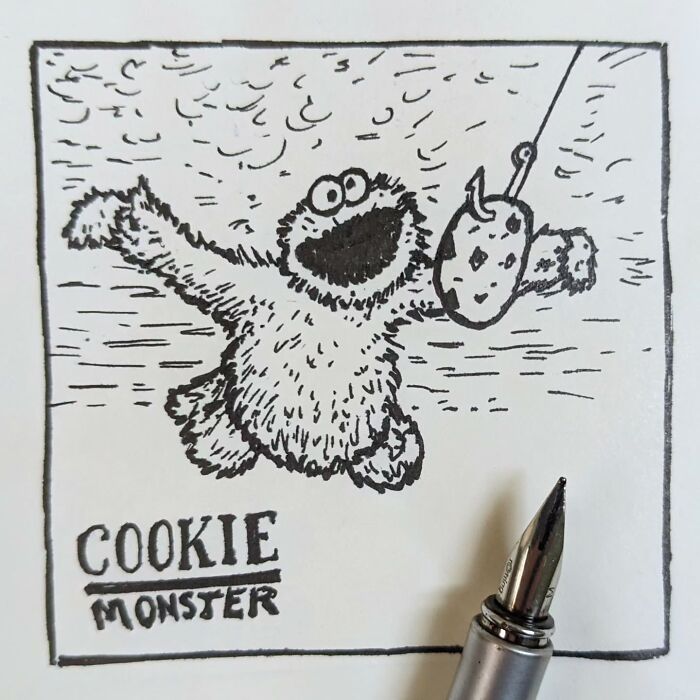 Funny drawing by Ed Harrington depicts Cookie Monster reaching for a cookie with a pen in the foreground.