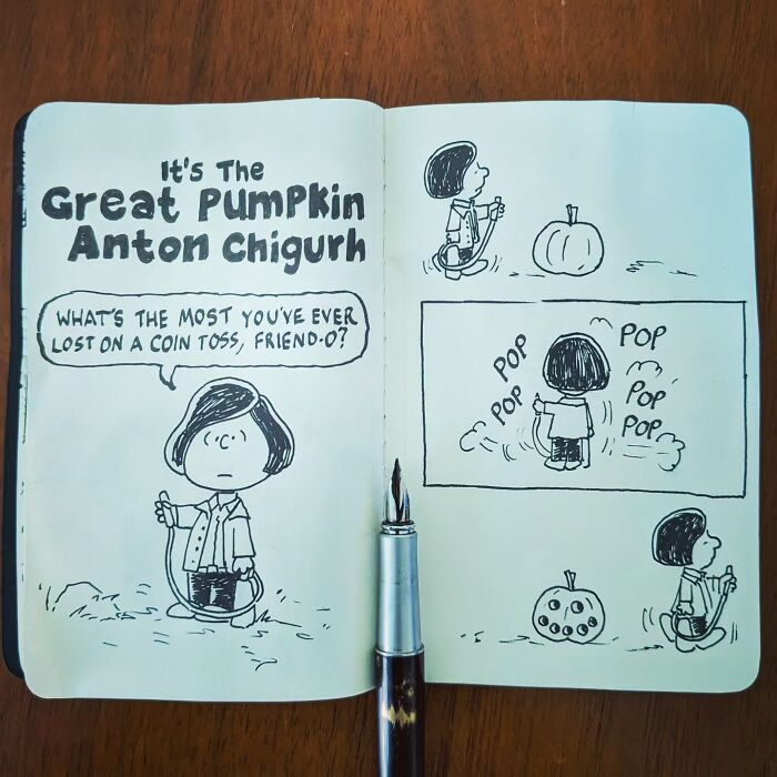 Ed Harrington's funny drawing of a comic parody combining Peanuts and No Country for Old Men on notebook pages.