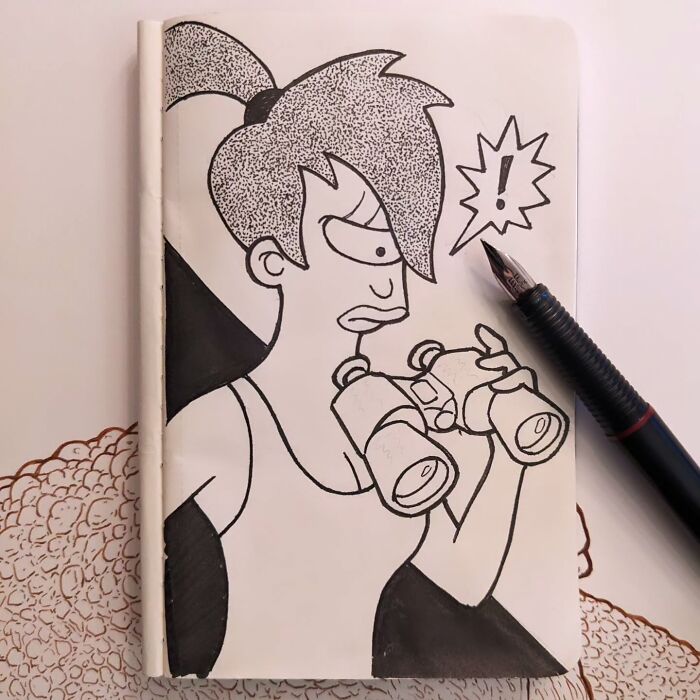 Funny drawing by Ed Harrington showing a character with binoculars and an exclamation point.