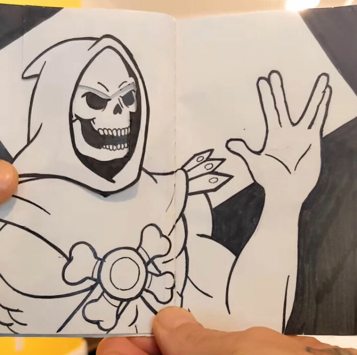 Funny drawing of a hooded character with a skeletal face by Ed Harrington, giving the Vulcan salute.