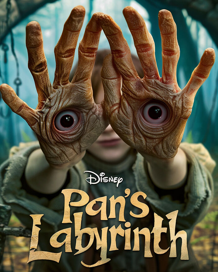Disney adaptation poster of a horror movie with a figure holding hands up, inspired by "Pan's Labyrinth".