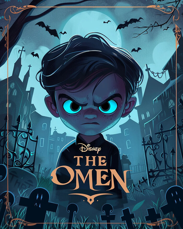 AI-generated Disney adaptation poster for "The Omen" with a cartoon character in a creepy graveyard.