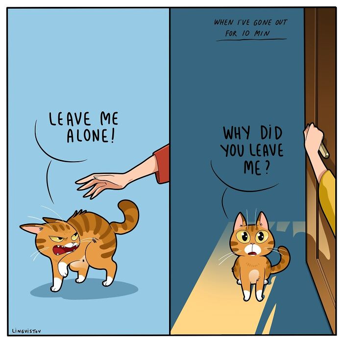Comic by Lingvistov shows a cat first saying "Leave me alone!" then asking, "Why did you leave me?"