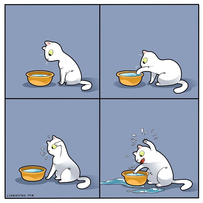 Cat comic by Lingvistov shows a cat mischievously splashing water from its bowl.